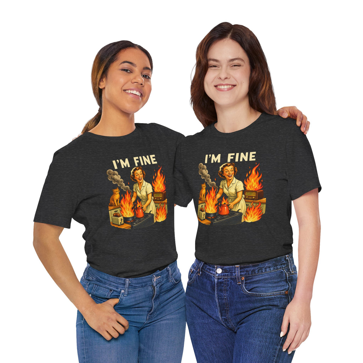 I'm Fine T‑Shirt — Retro Housewife Amid Kitchen Flames Graphic Tee