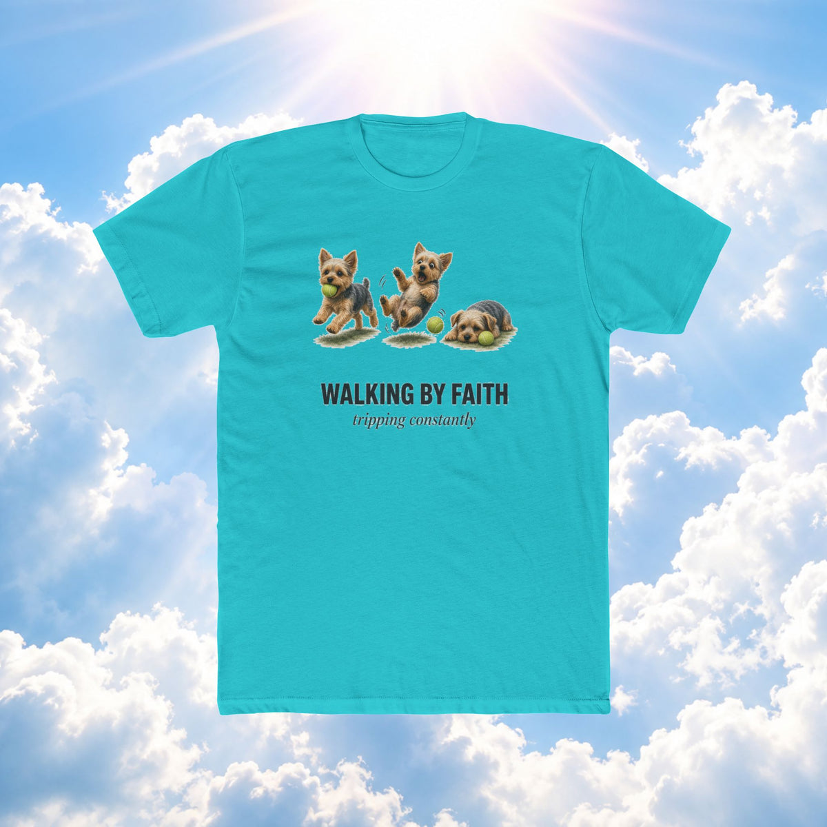 Walking by Faith Tee – Cute Puppy 'Walking By Faith, tripping constantly' Christian Graphic T-Shirt