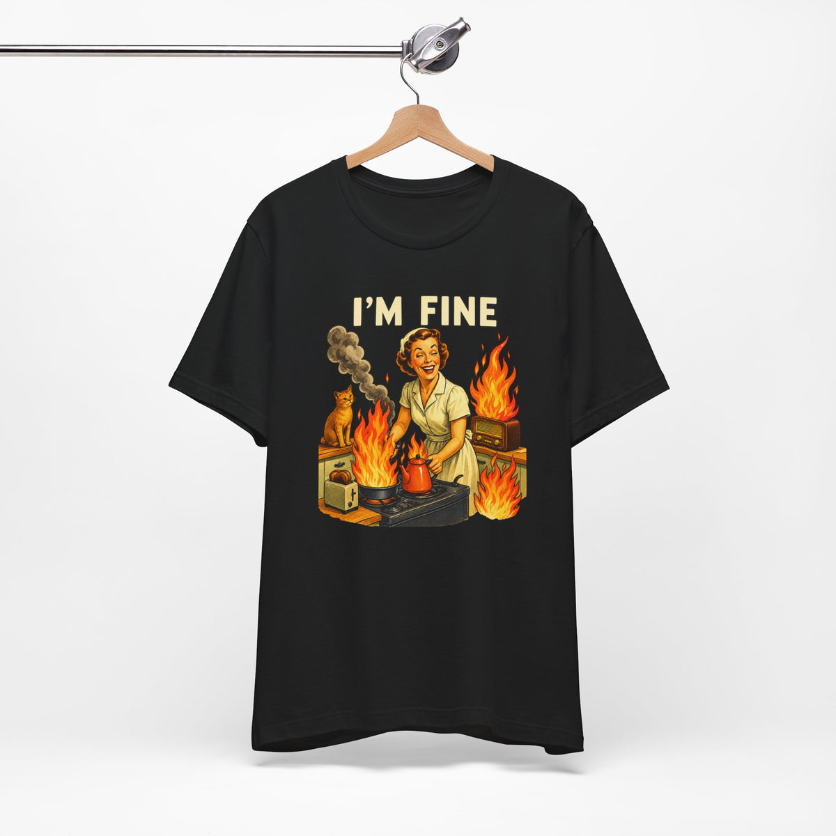 I'm Fine T‑Shirt — Retro Housewife Amid Kitchen Flames Graphic Tee
