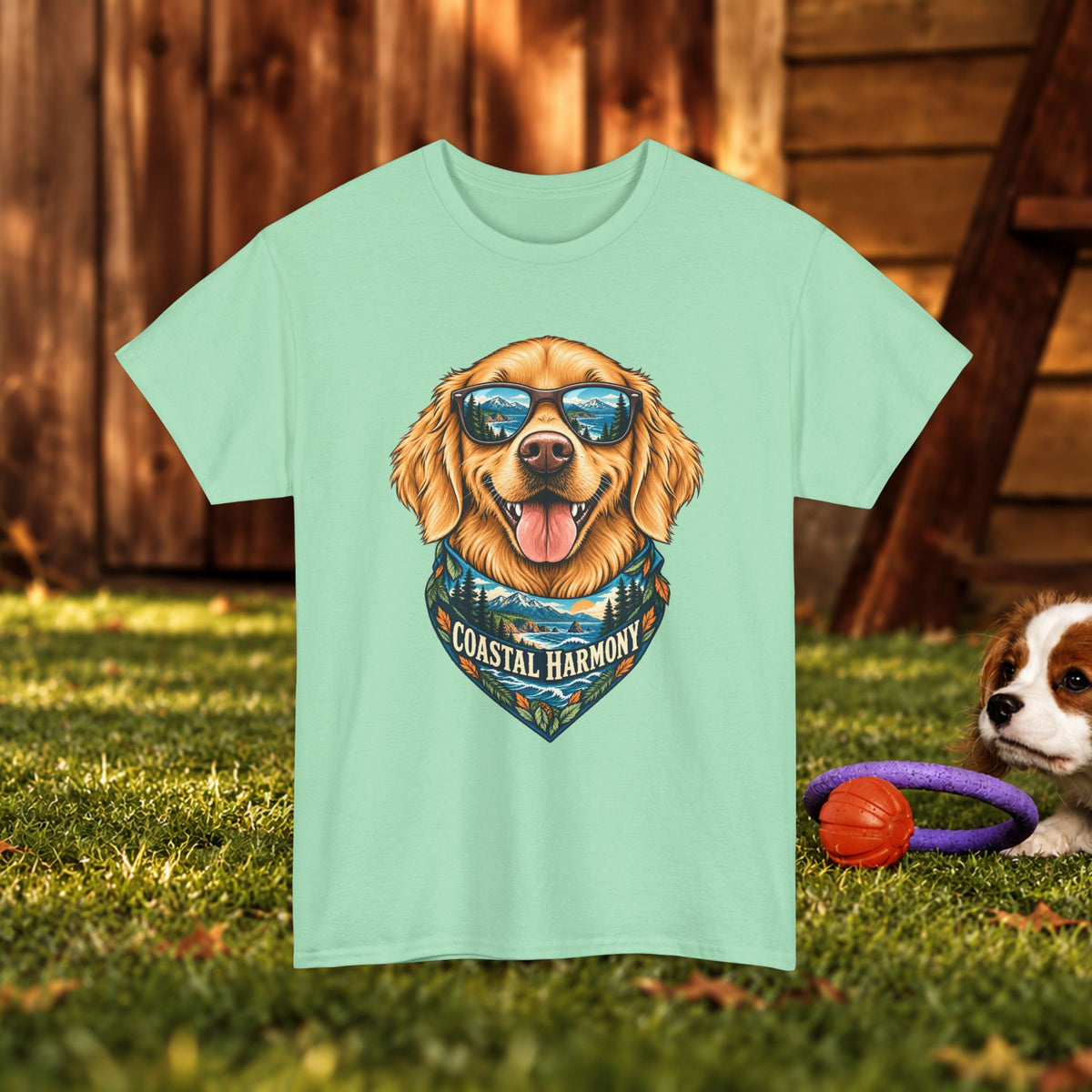 Golden Retriever Coastal Harmony T-Shirt — Dog Lover Beach Tee