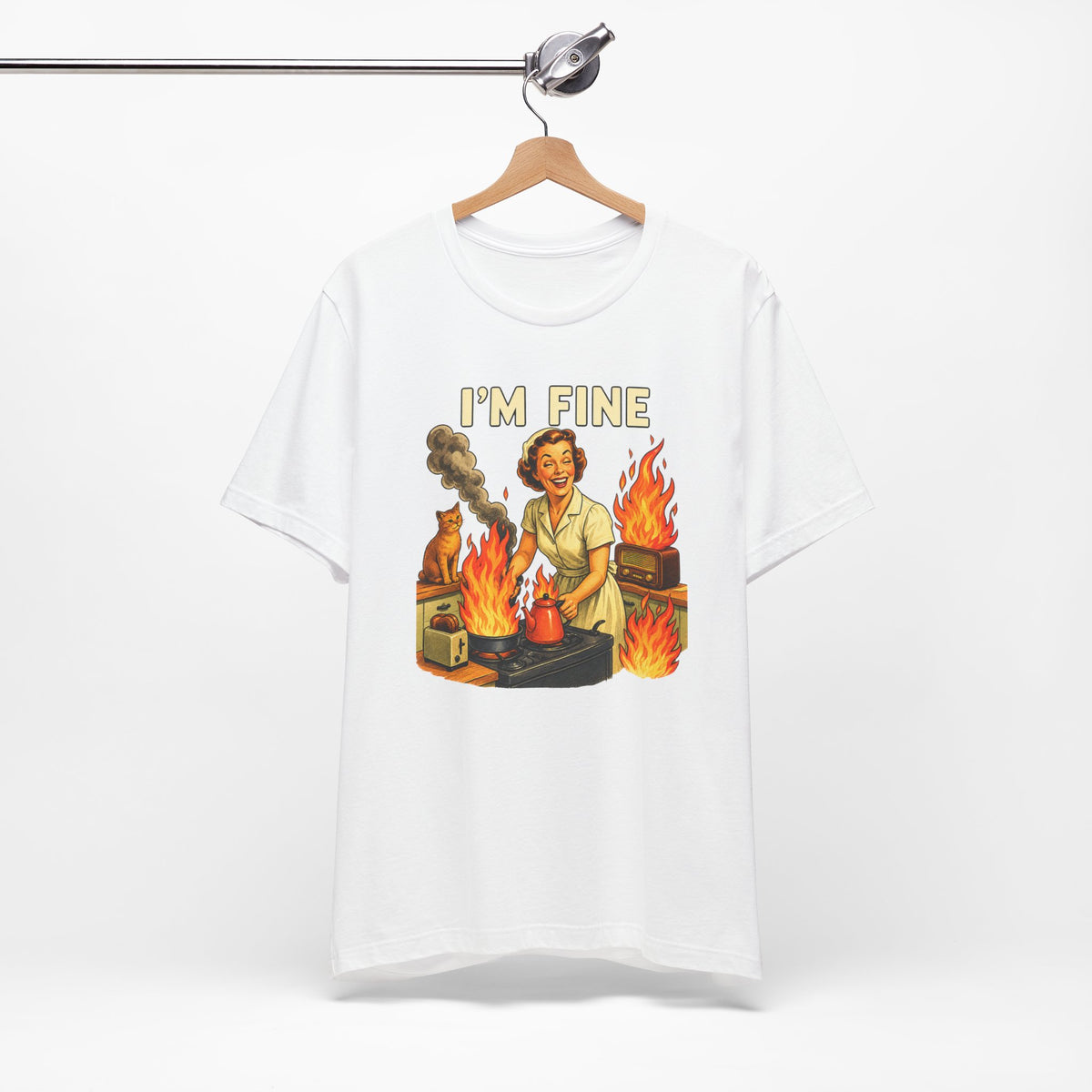 I'm Fine T‑Shirt — Retro Housewife Amid Kitchen Flames Graphic Tee