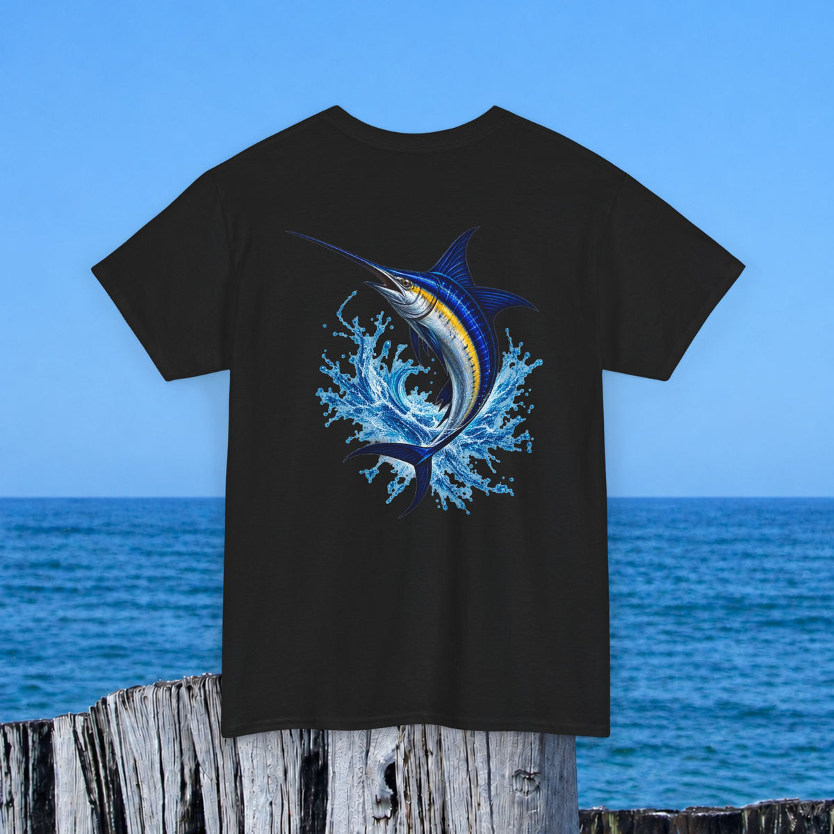 Marlin Splash Tee — Blue Swordfish Graphic T-Shirt