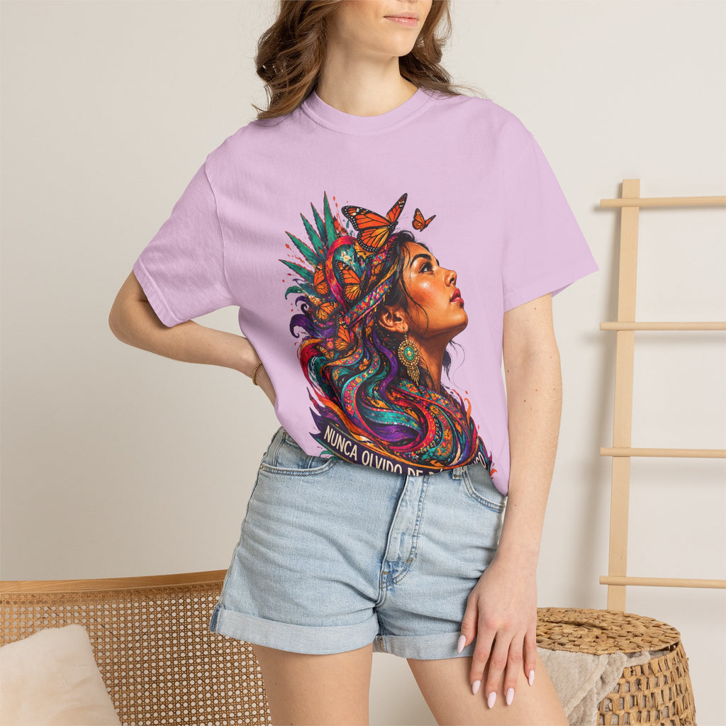 T-Shirt — 'Nunca Olvido De Donde Vengo' Colorful Indigenous Woman Graphic