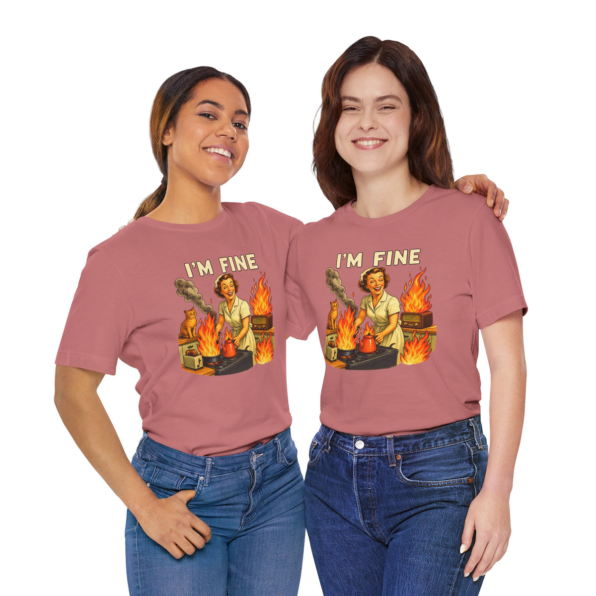 I'm Fine T‑Shirt — Retro Housewife Amid Kitchen Flames Graphic Tee