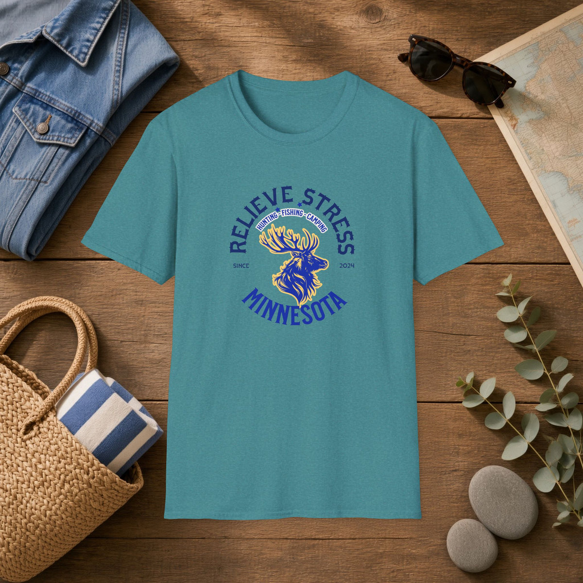 Believe Stress With Nature Minnesota T-Shirt — Relaxing Outdoors Elk Tee