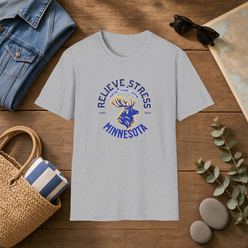 Believe Stress With Nature Minnesota T-Shirt — Relaxing Outdoors Elk Tee