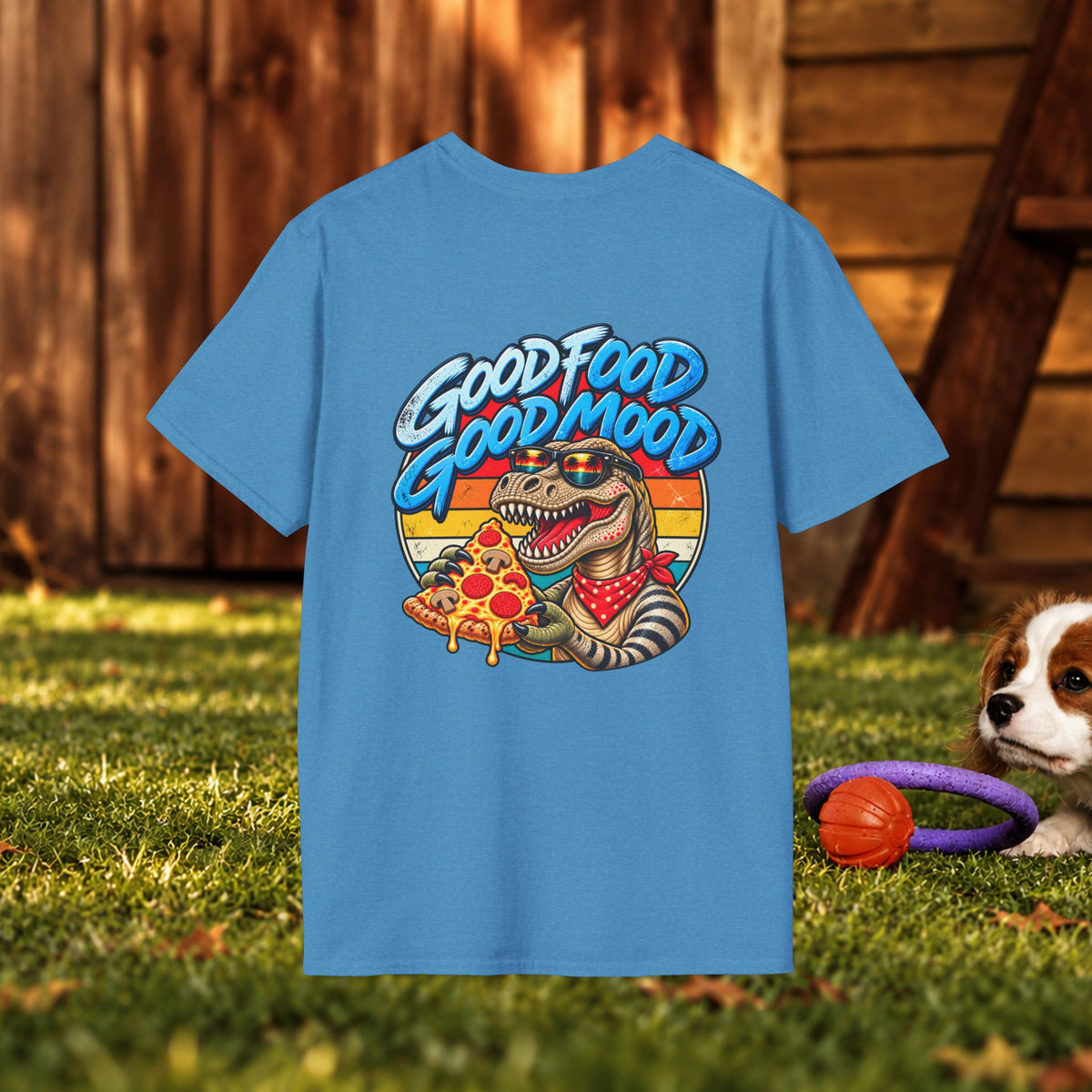 T-Shirt — "Good Food Good Mood" Raccoon Pizza Graphic Tee