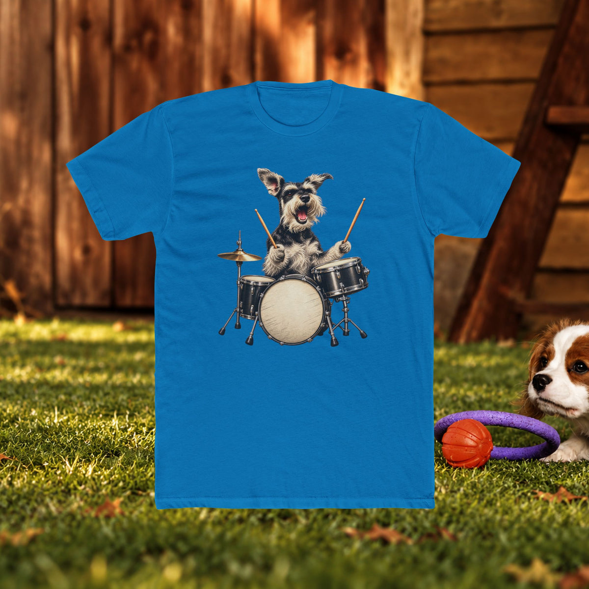 Drumming Dog T‑Shirt — Cute Schnauzer Playing Drums Graphic Tee