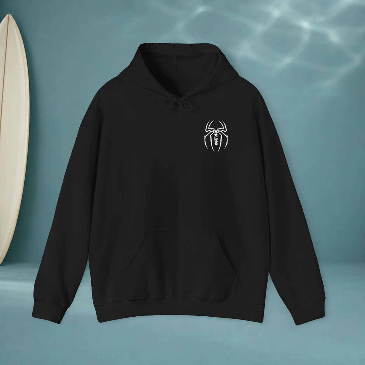Spider Emblem Hoodie — Red Kanji Back Graphic