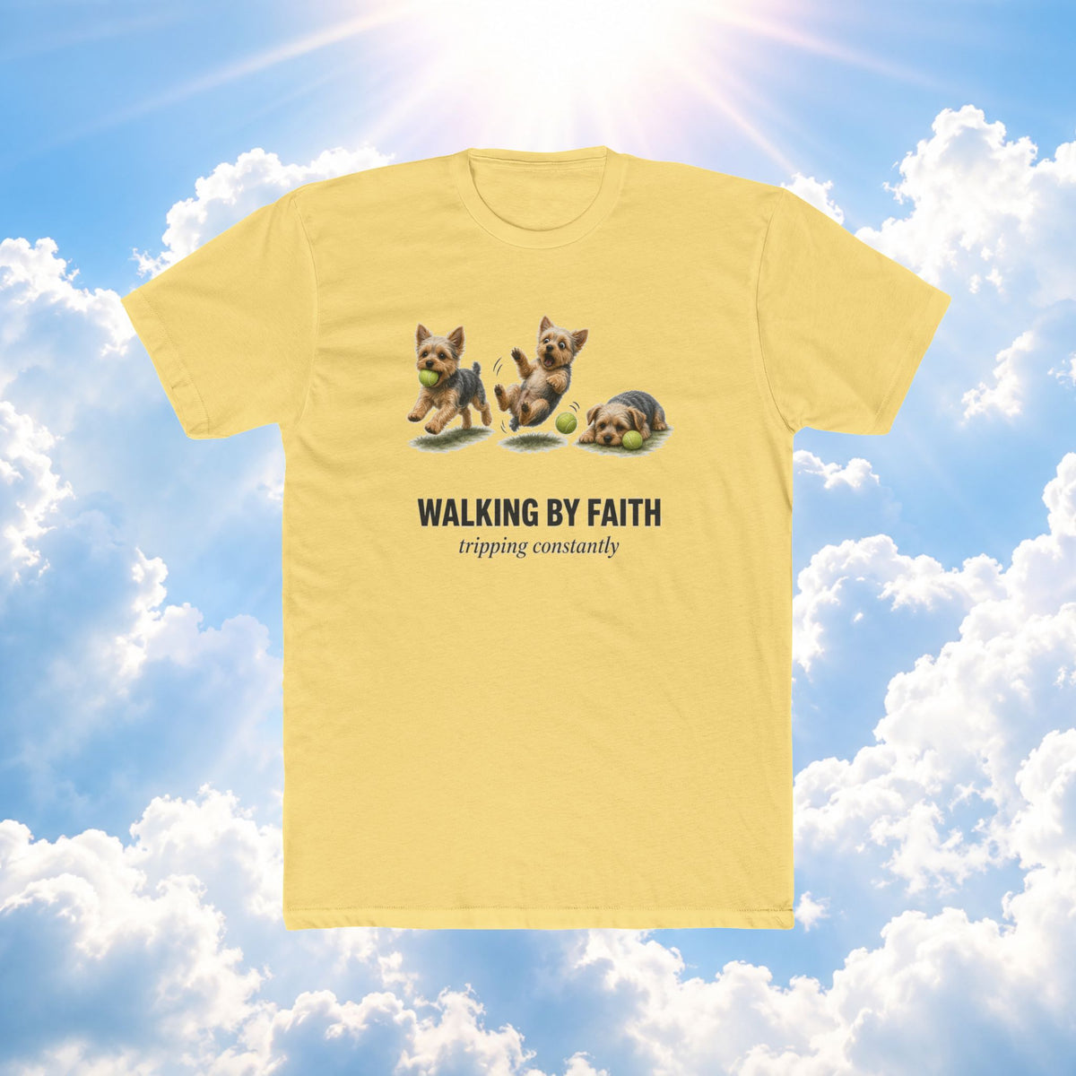 Walking by Faith Tee – Cute Puppy 'Walking By Faith, tripping constantly' Christian Graphic T-Shirt