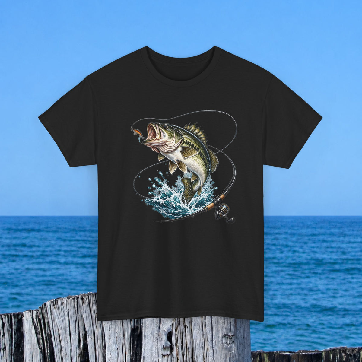 Bass Fishing T-Shirt – Leaping Fish & Reel Graphic Tee