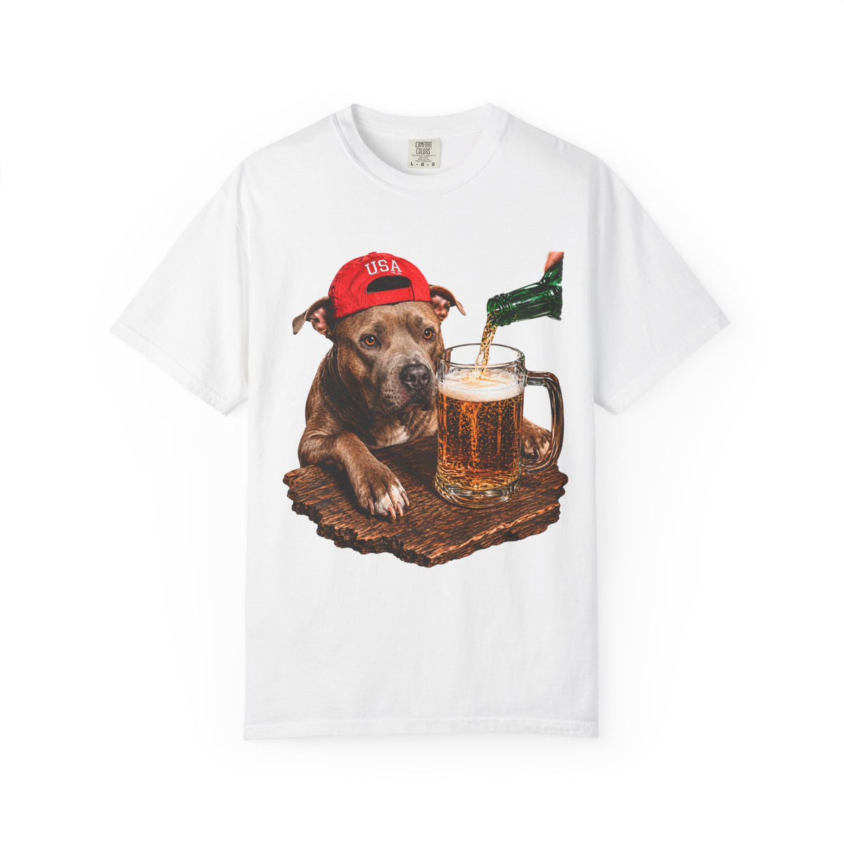 Dog with Beer T-Shirt — USA Red Cap Pitbull Drinking Beer Graphic Tee