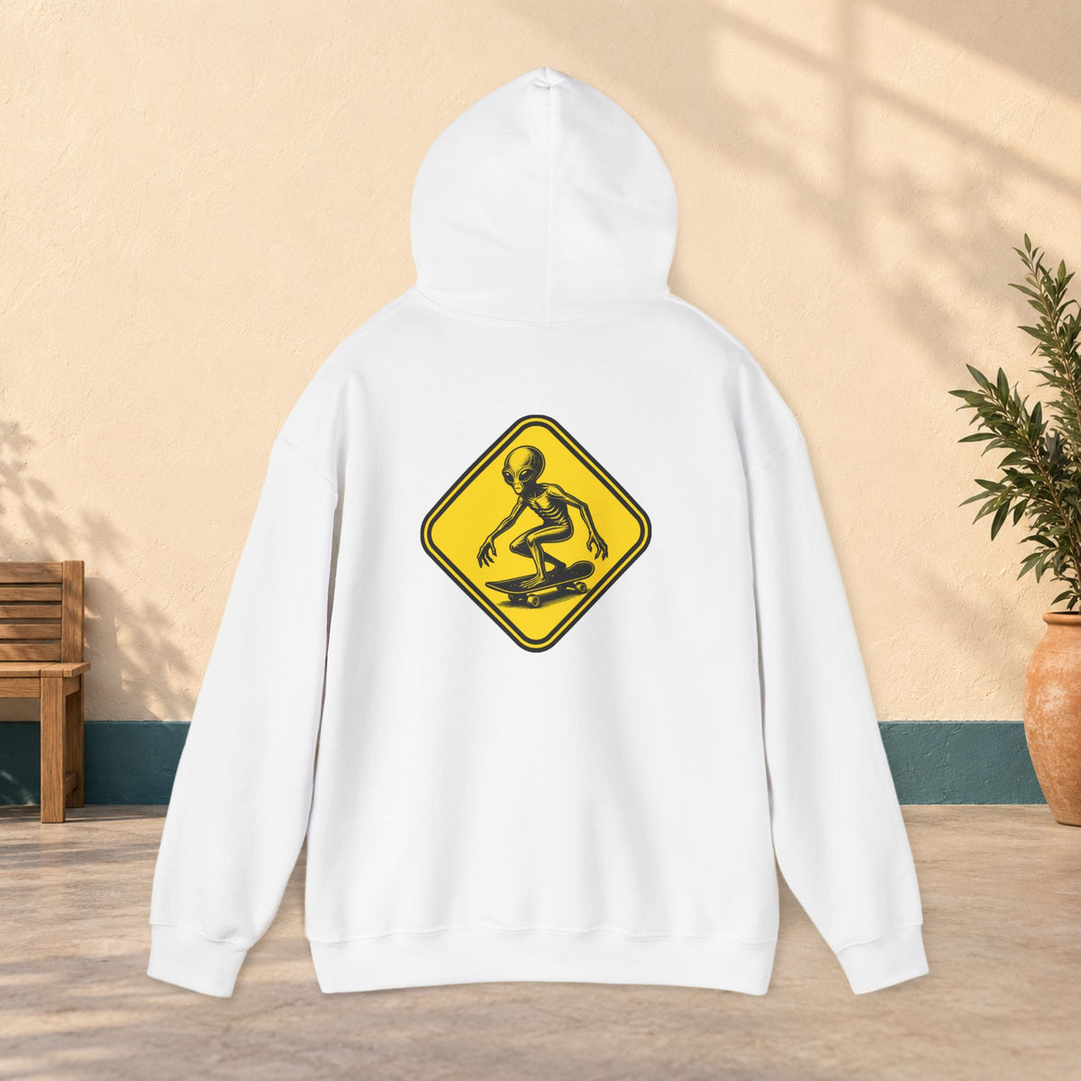 Skater Crossing Hoodie — Yellow Skateboard Warning Sign Sweatshirt