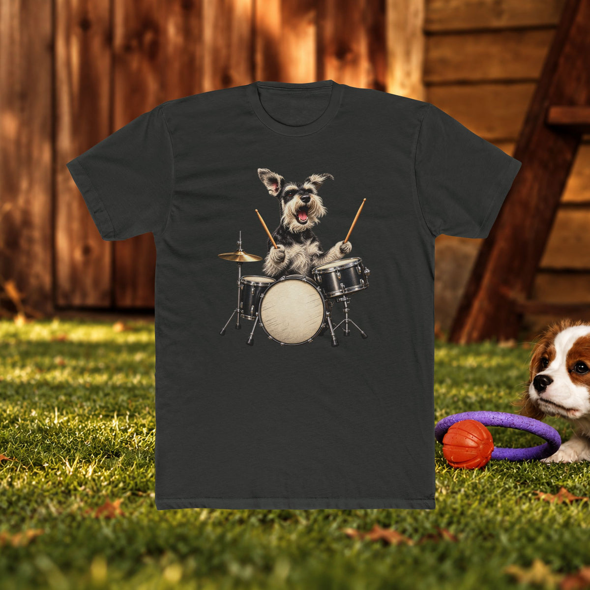 Drumming Dog T‑Shirt — Cute Schnauzer Playing Drums Graphic Tee