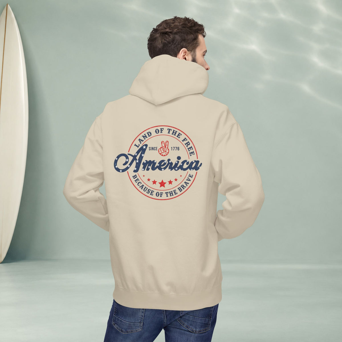 America Vintage Badge Hoodie — "Land of the Free, Because of the Brave"