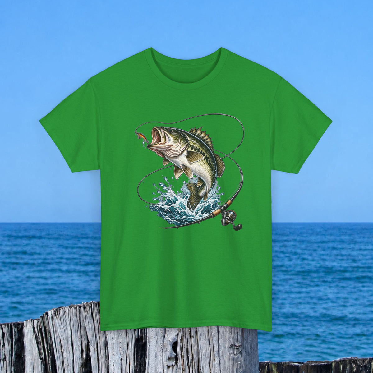 Bass Fishing T-Shirt – Leaping Fish & Reel Graphic Tee