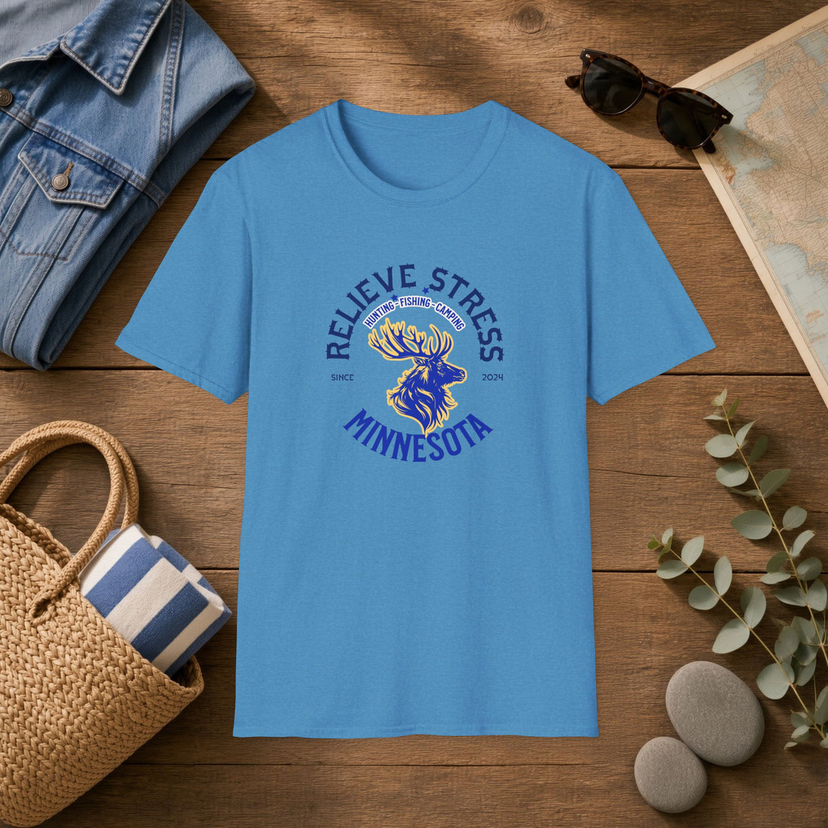 Believe Stress With Nature Minnesota T-Shirt — Relaxing Outdoors Elk Tee