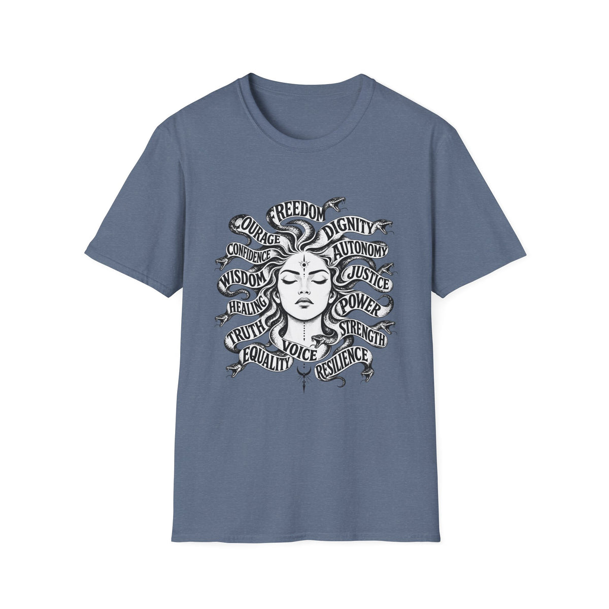 T-Shirt — Feminist Goddess Typography Tee (Freedom • Dignity • Autonomy • Justice)