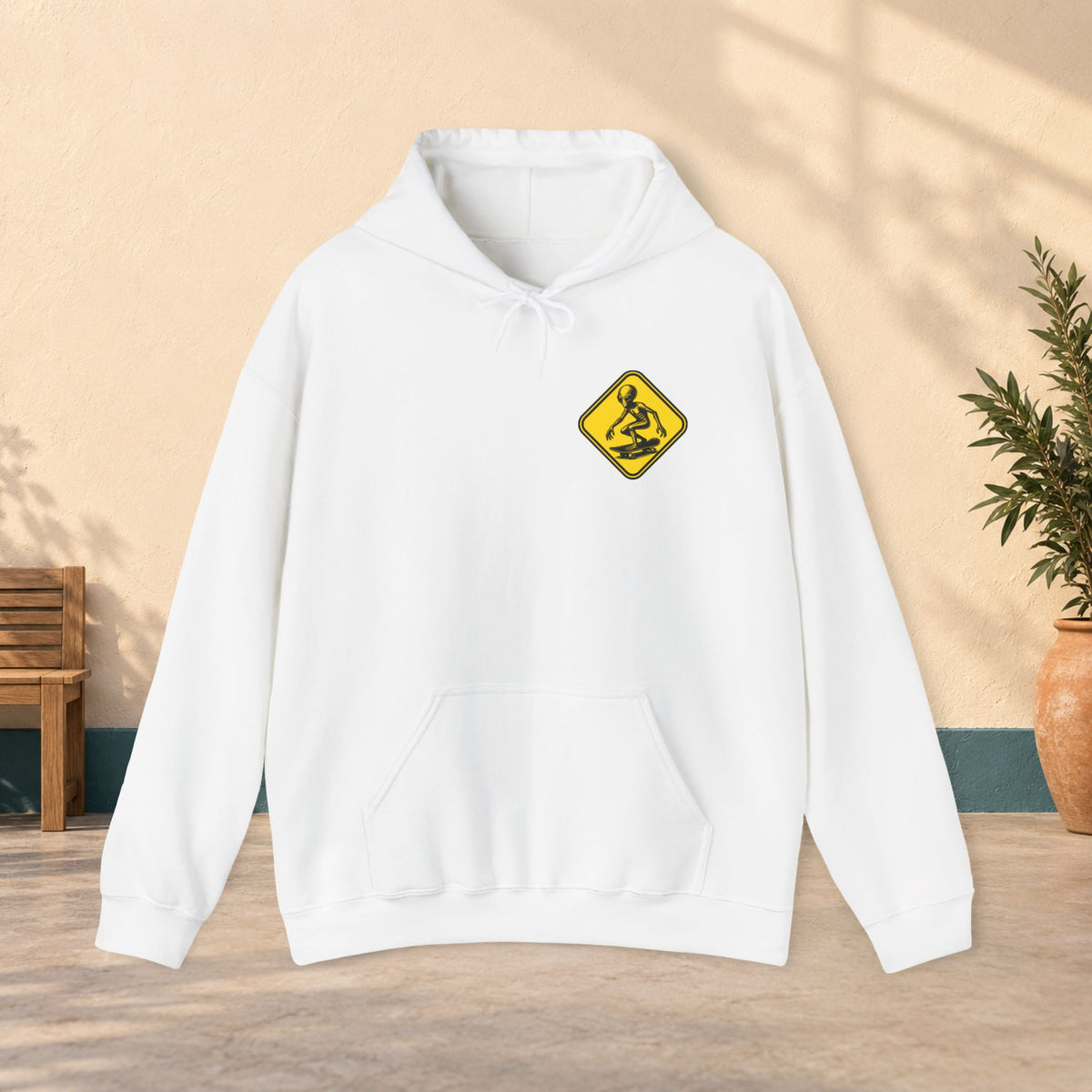Skater Crossing Hoodie — Yellow Skateboard Warning Sign Sweatshirt