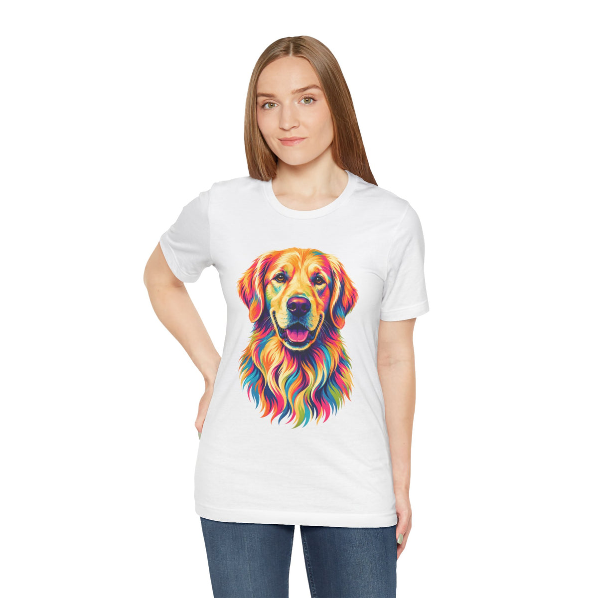 Colorful Golden Retriever T‑Shirt — Vibrant Rainbow Dog Portrait Tee for Dog Lovers