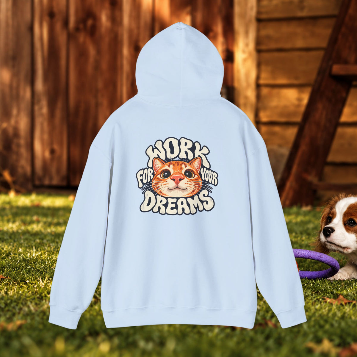 Hoodie - "Work For Your Dreams" Cute Cat Retro Graphic Hooded Sweatshirt