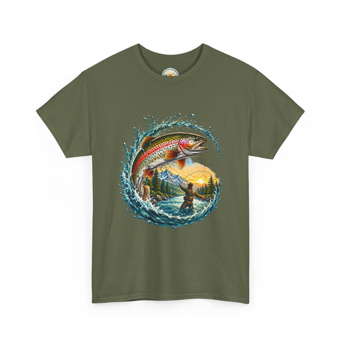 Fishing T-Shirt — Rainbow Trout Wave Design (Fisherman Sunset Scene)