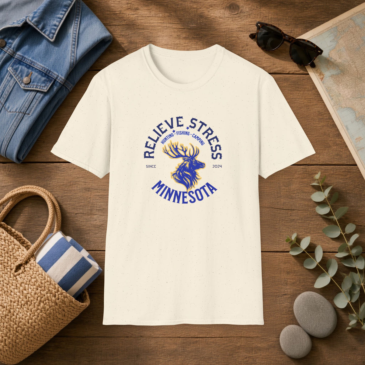 Believe Stress With Nature Minnesota T-Shirt — Relaxing Outdoors Elk Tee