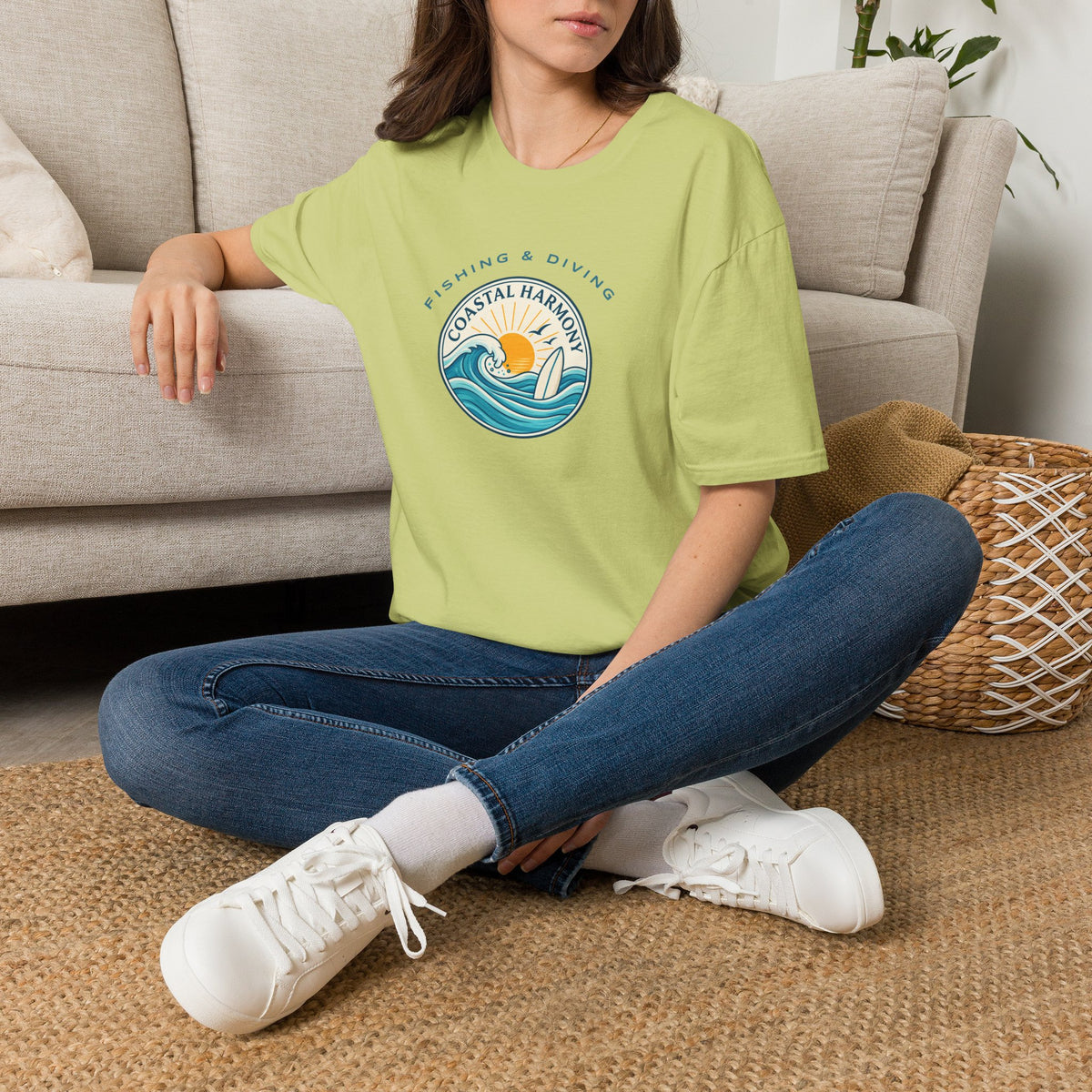Coastal Harmony Surf & Fishing T-Shirt — Sun, Waves & Surfboard Graphic