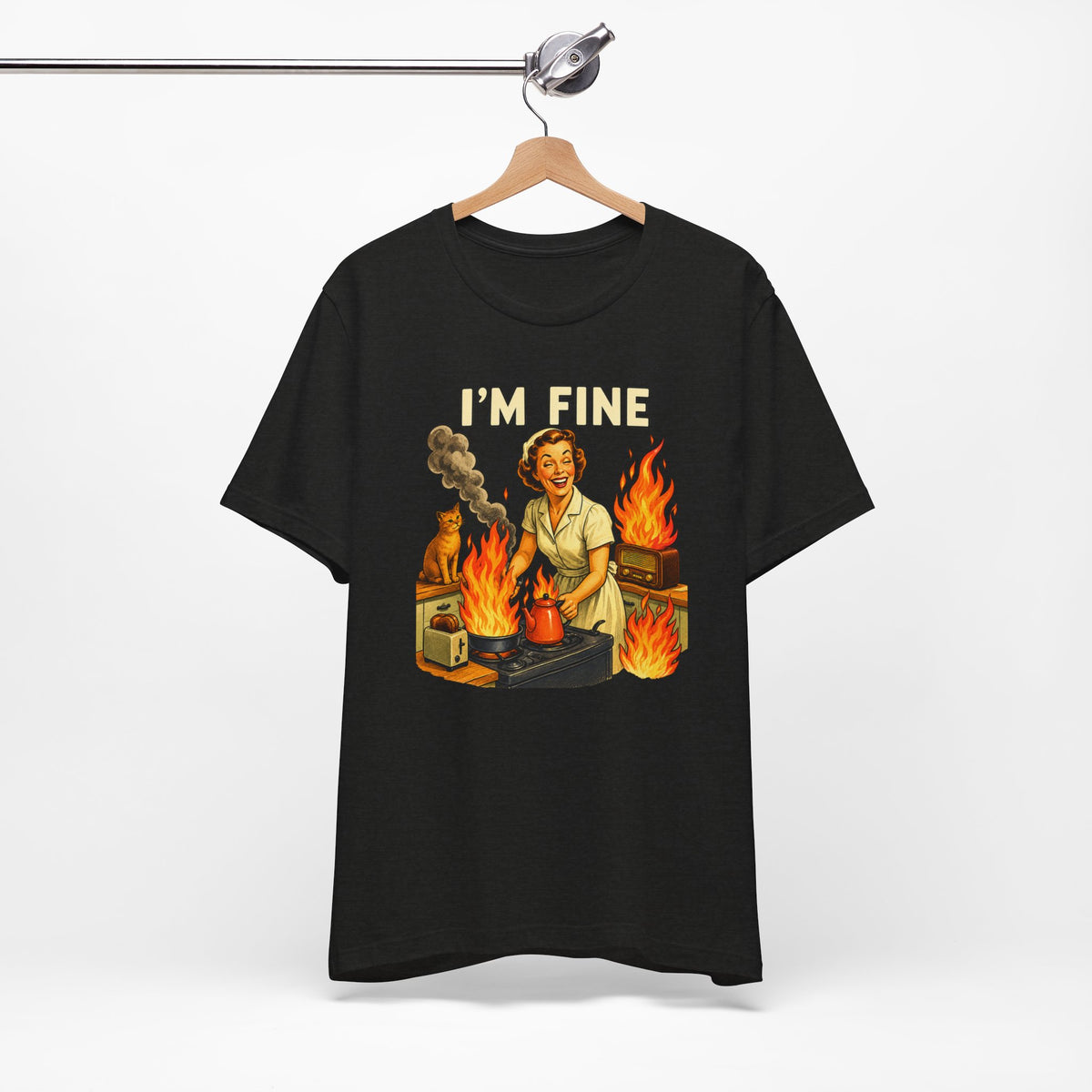 I'm Fine T‑Shirt — Retro Housewife Amid Kitchen Flames Graphic Tee