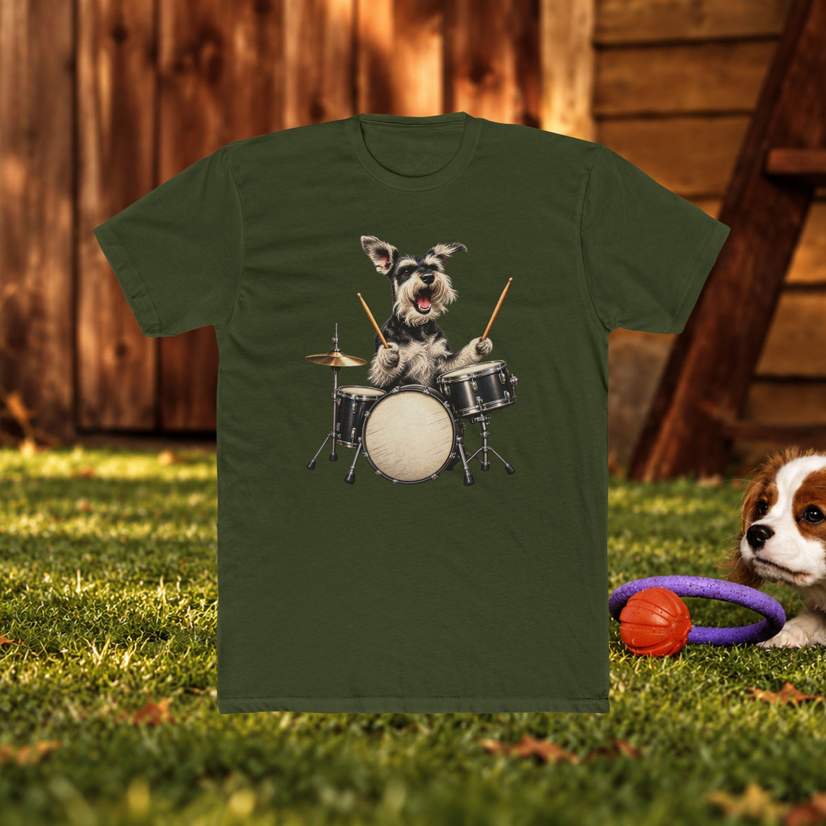 Drumming Dog T‑Shirt — Cute Schnauzer Playing Drums Graphic Tee