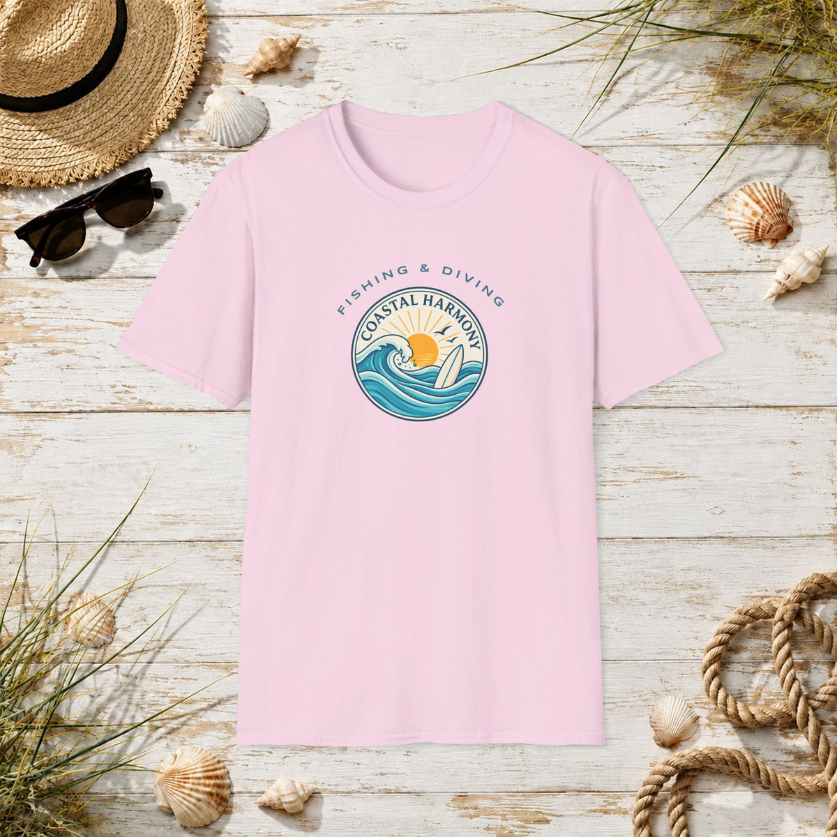 Coastal Harmony Surf & Fishing T-Shirt — Sun, Waves & Surfboard Graphic