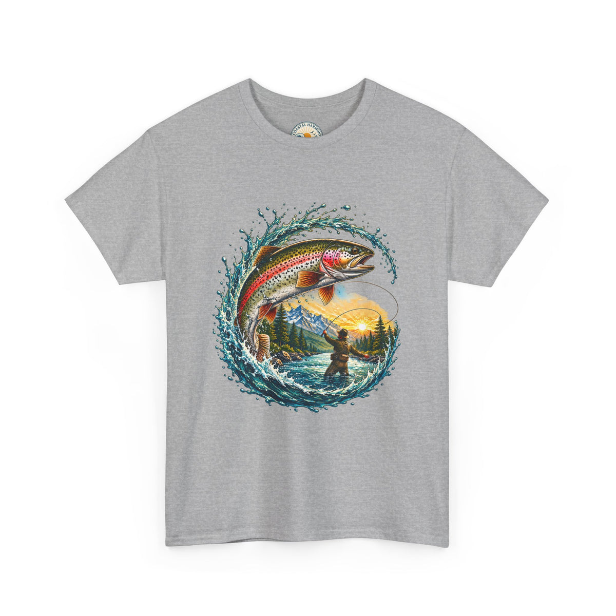 Fishing T-Shirt — Rainbow Trout Wave Design (Fisherman Sunset Scene)