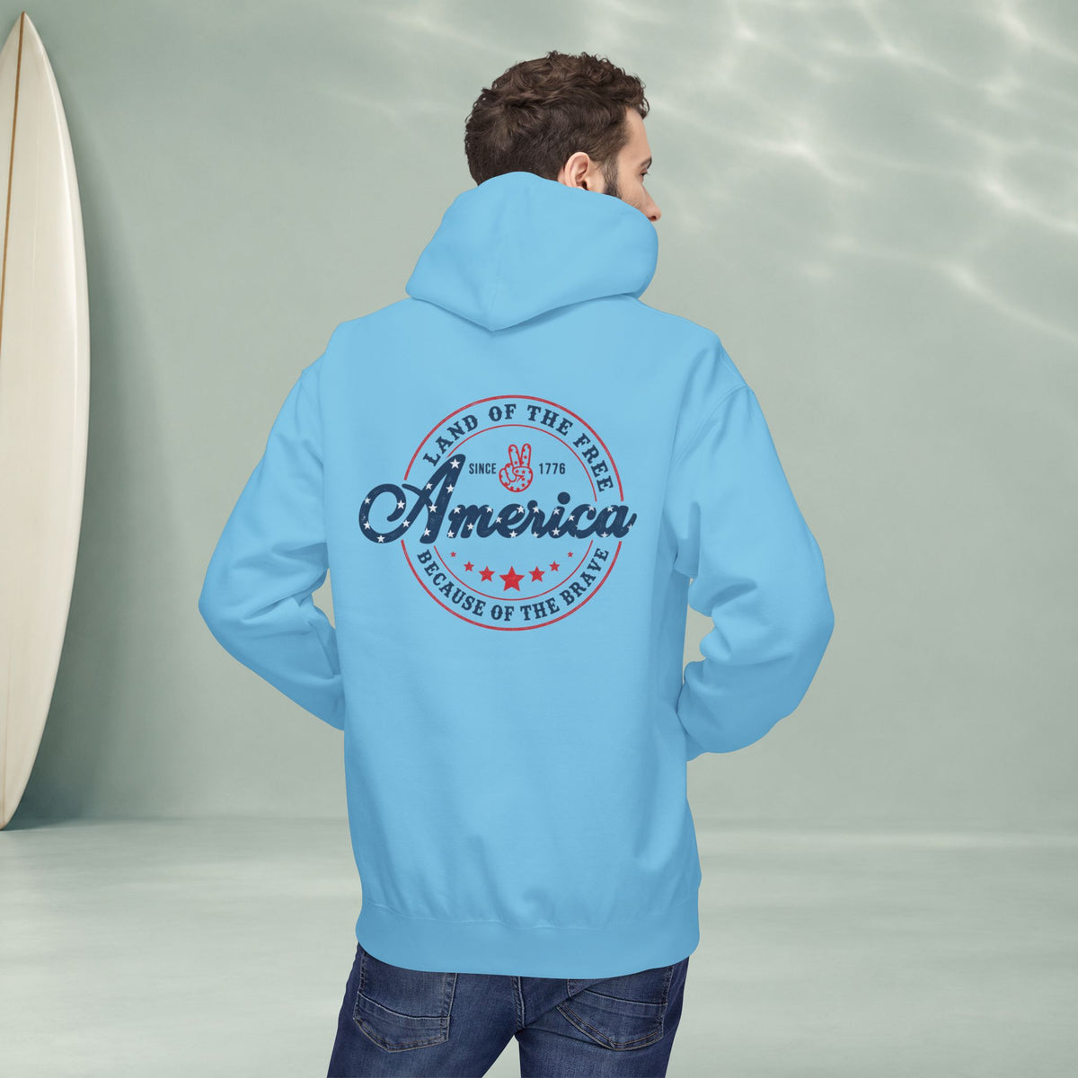 America Vintage Badge Hoodie — "Land of the Free, Because of the Brave"