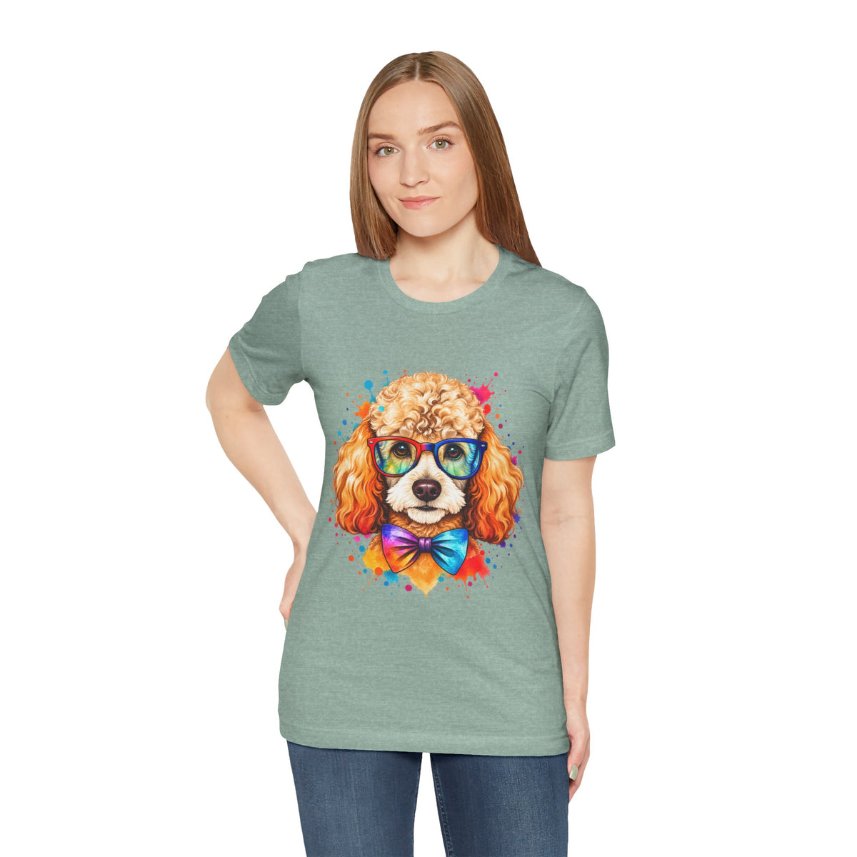 Poodle Portrait T-Shirt - Colorful Glasses & Bow Tie Dog Tee