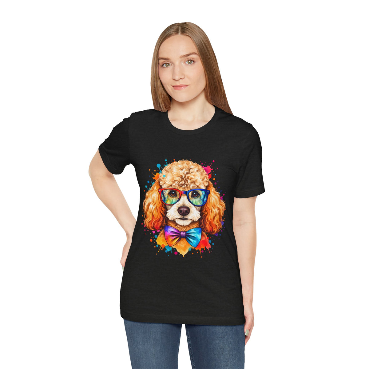 Poodle Portrait T-Shirt - Colorful Glasses & Bow Tie Dog Tee