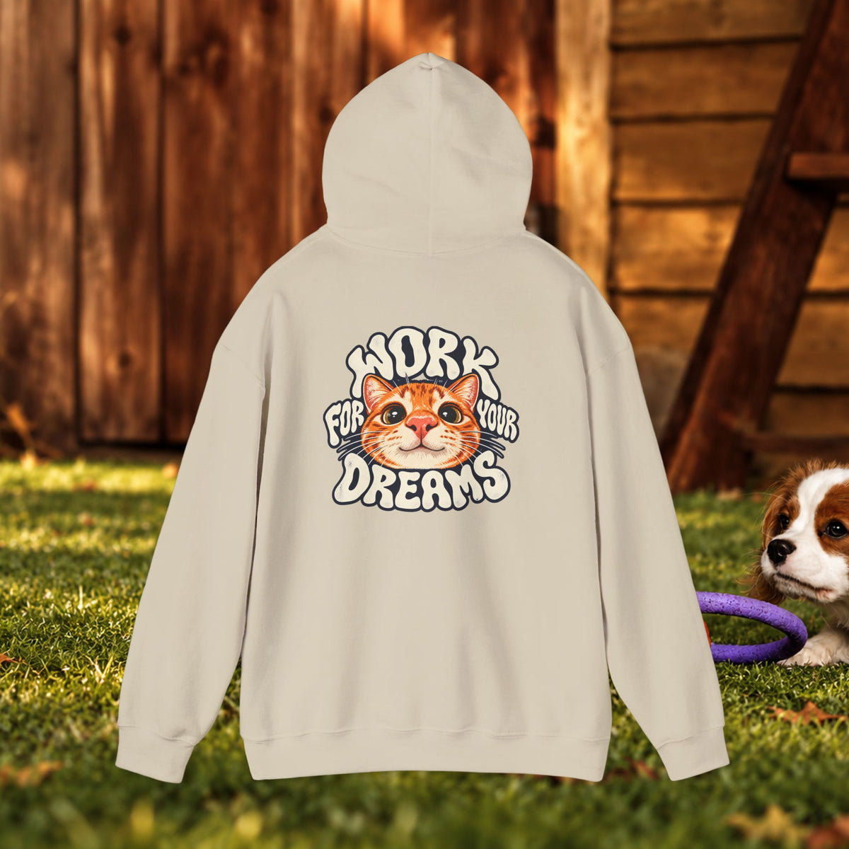 Hoodie - "Work For Your Dreams" Cute Cat Retro Graphic Hooded Sweatshirt