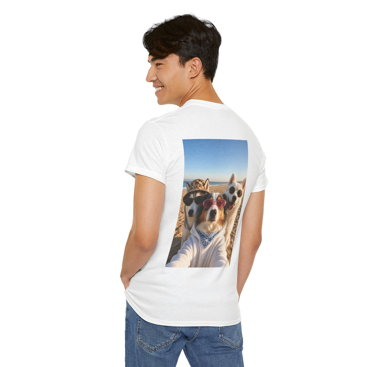 Dog Selfie Beach T‑Shirt — Cute Trio Sunglasses Photo Tee