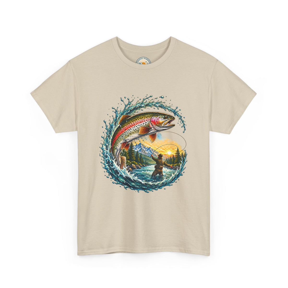 Fishing T-Shirt — Rainbow Trout Wave Design (Fisherman Sunset Scene)