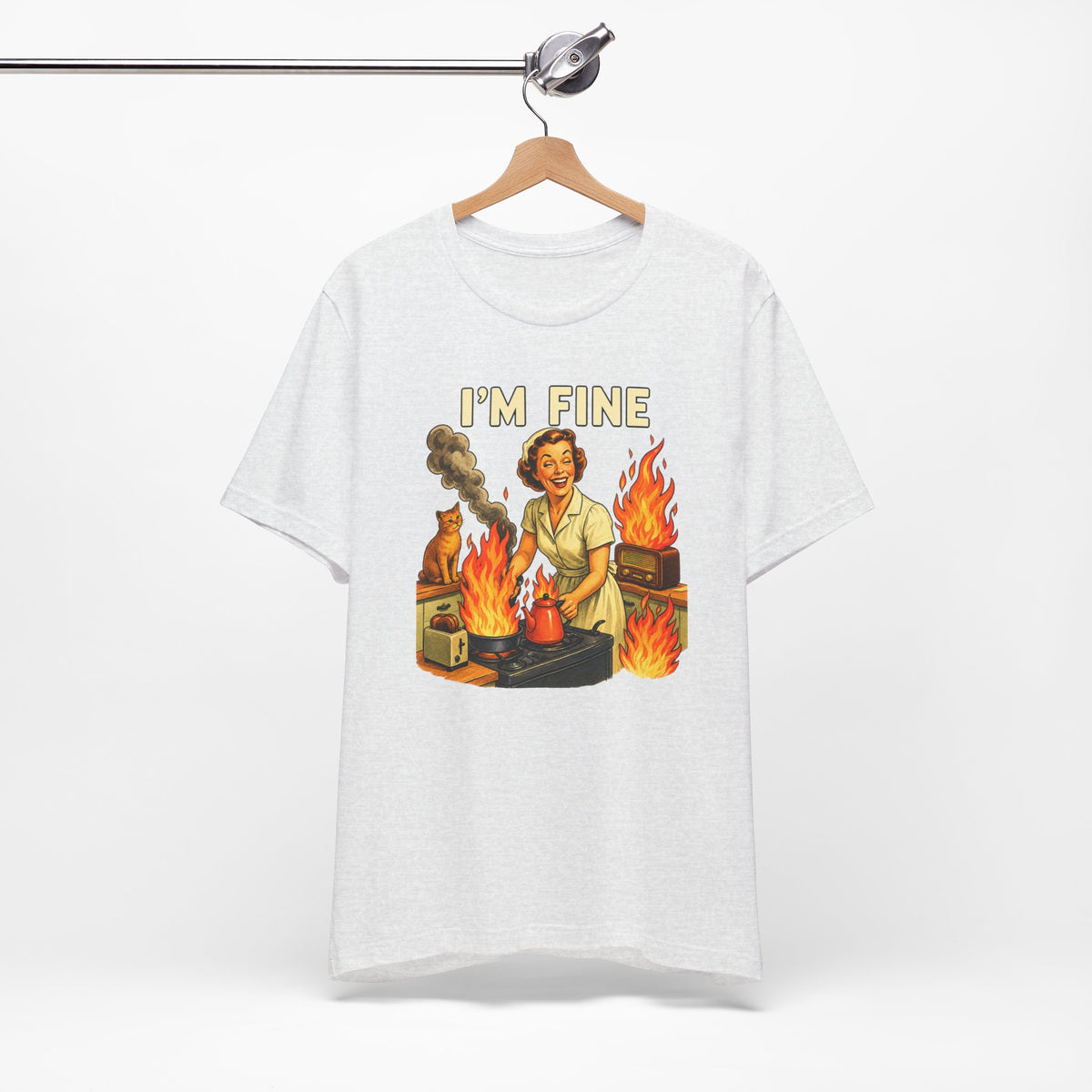 I'm Fine T‑Shirt — Retro Housewife Amid Kitchen Flames Graphic Tee