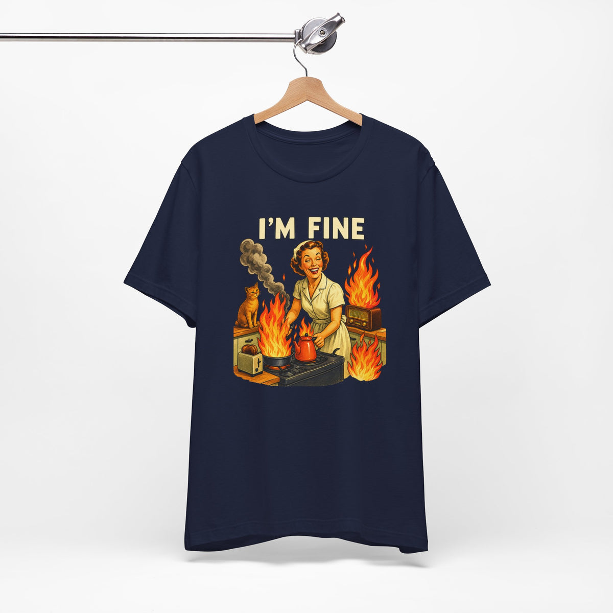 I'm Fine T‑Shirt — Retro Housewife Amid Kitchen Flames Graphic Tee
