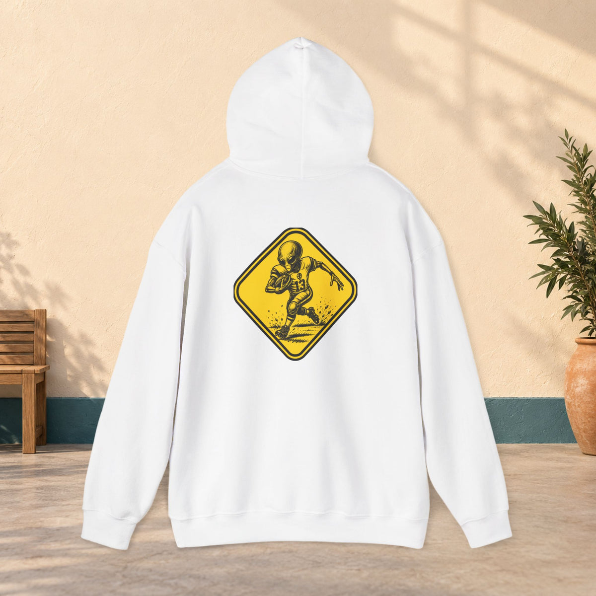 Alien Crossing Hoodie — Yellow Warning Sign Graphic Sweatshirt