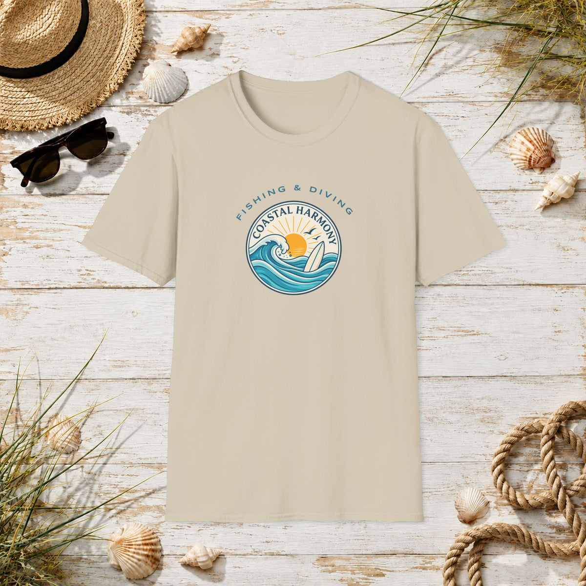 Coastal Harmony Surf & Fishing T-Shirt — Sun, Waves & Surfboard Graphic