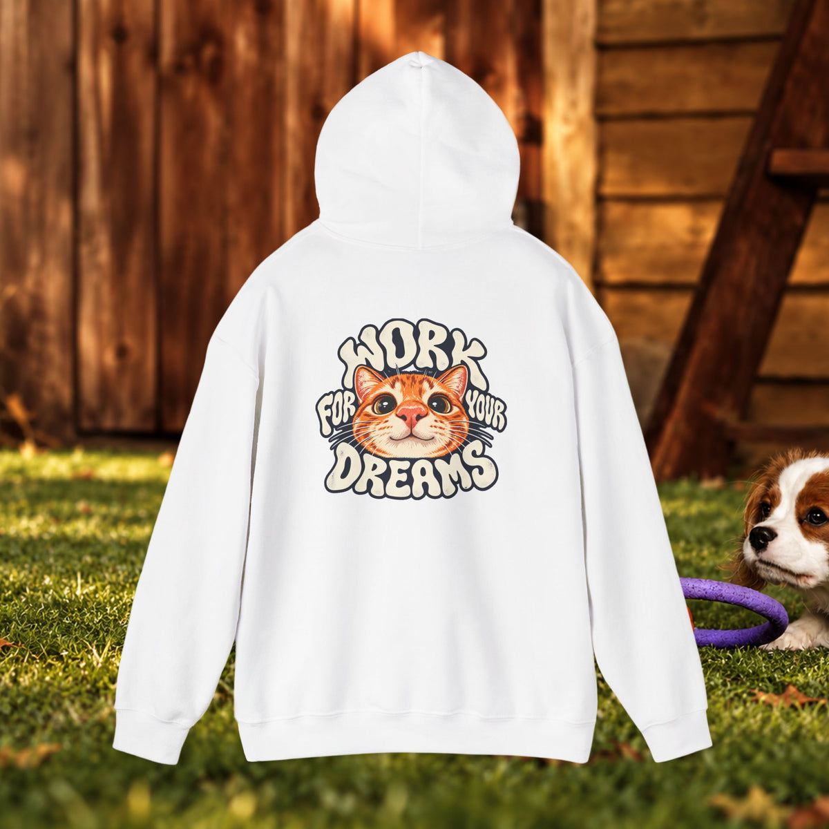 Hoodie - "Work For Your Dreams" Cute Cat Retro Graphic Hooded Sweatshirt