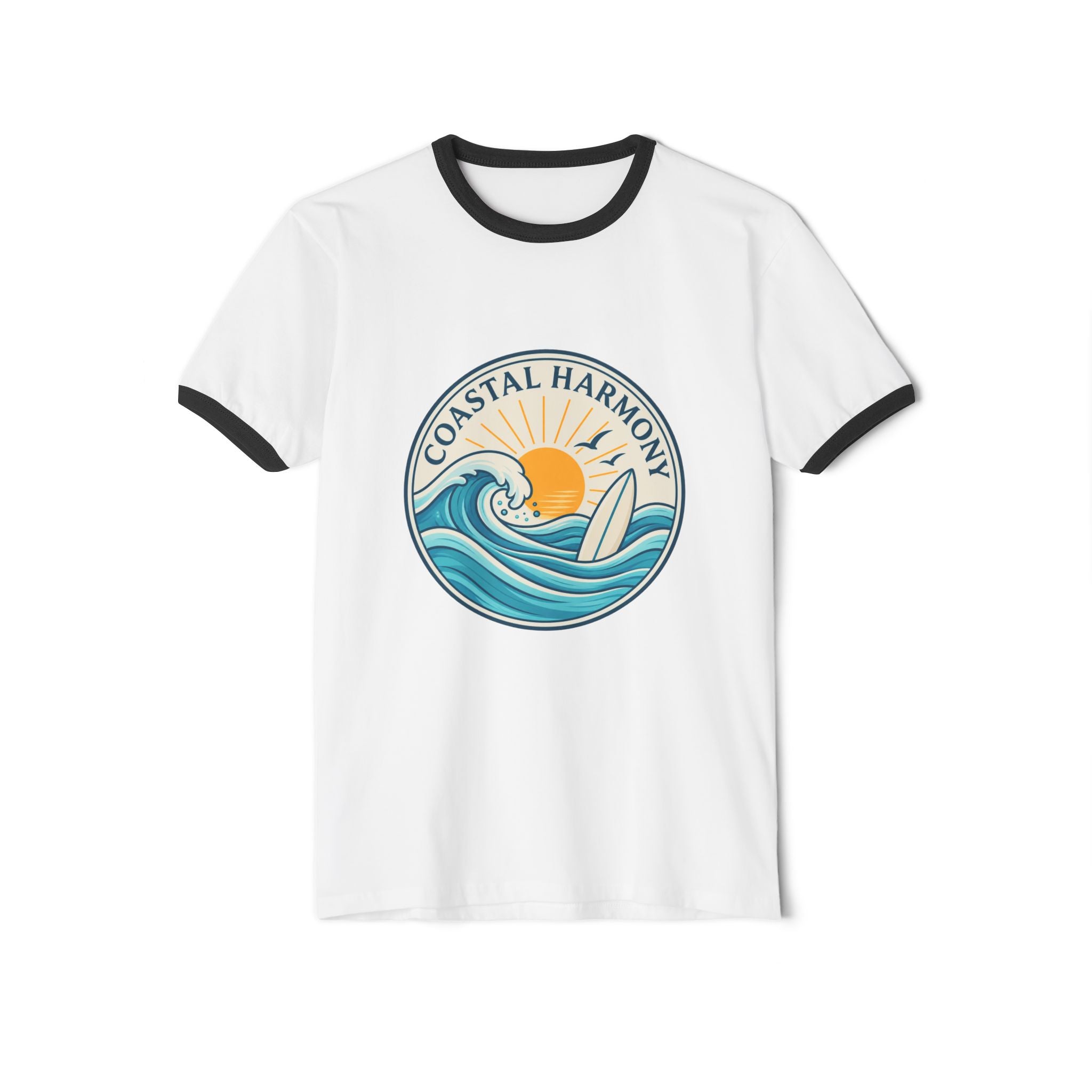 Coastal Harmony Ringer T‑Shirt — Surf Sun Wave Graphic Tee
