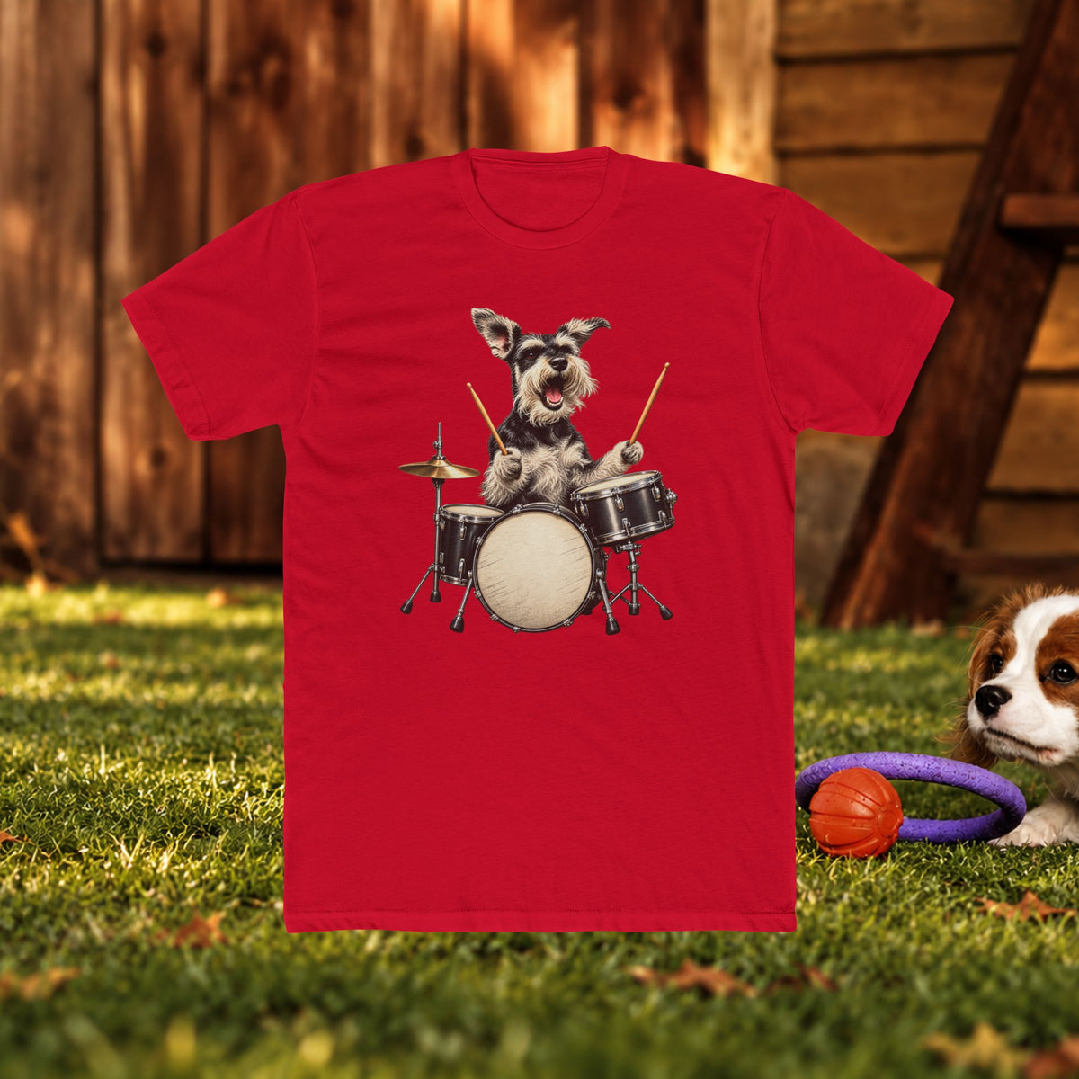 Drumming Dog T‑Shirt — Cute Schnauzer Playing Drums Graphic Tee