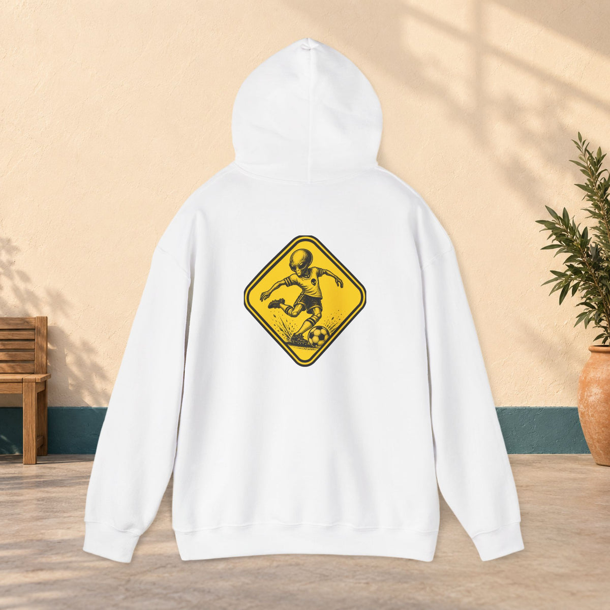 Soccer Player Caution Sign Hoodie — Vintage Yellow Road Sign Football Sweatshirt