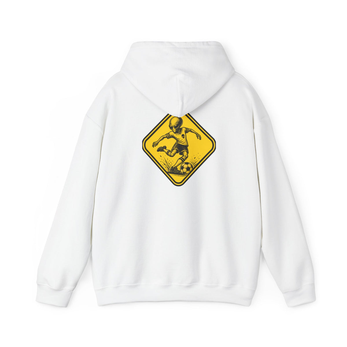 Soccer Player Caution Sign Hoodie — Vintage Yellow Road Sign Football Sweatshirt
