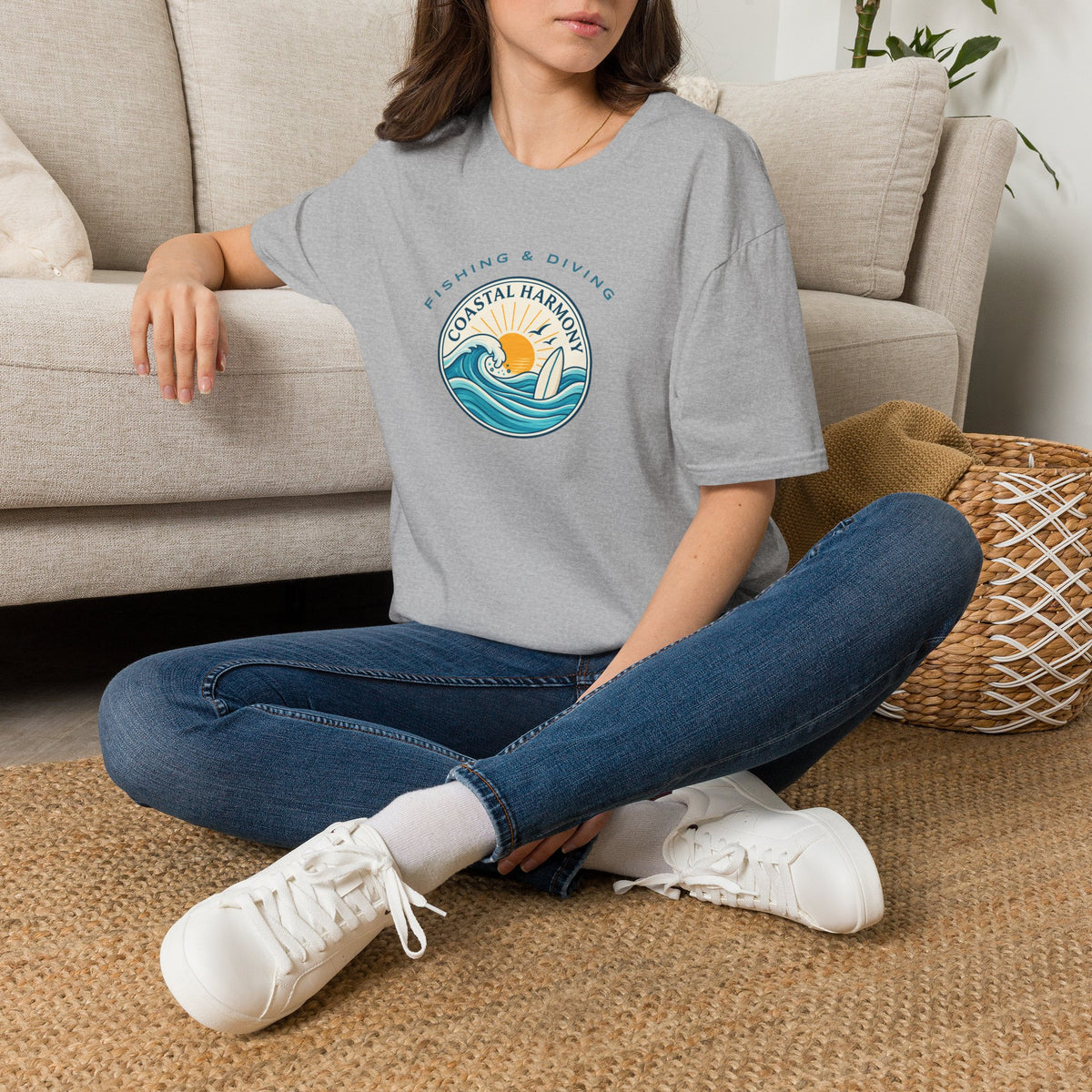 Coastal Harmony Surf & Fishing T-Shirt — Sun, Waves & Surfboard Graphic