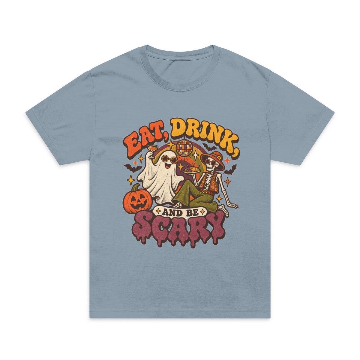 Halloween T-Shirt — "Eat, Drink, and Be Scary" Retro Ghost & Pumpkin Tee