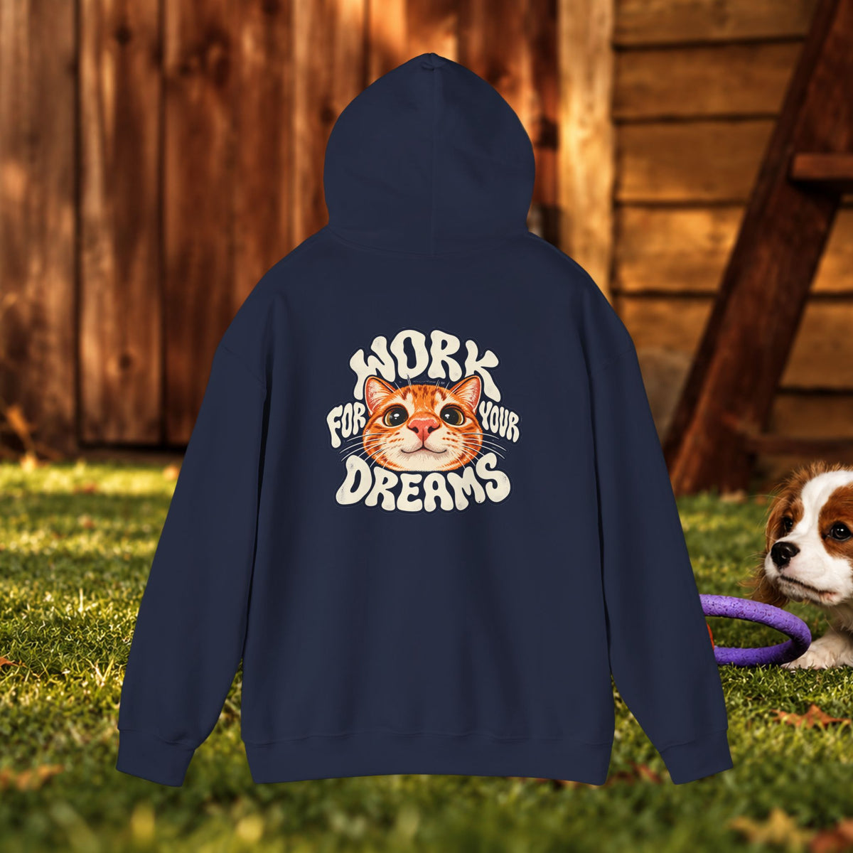 Hoodie - "Work For Your Dreams" Cute Cat Retro Graphic Hooded Sweatshirt